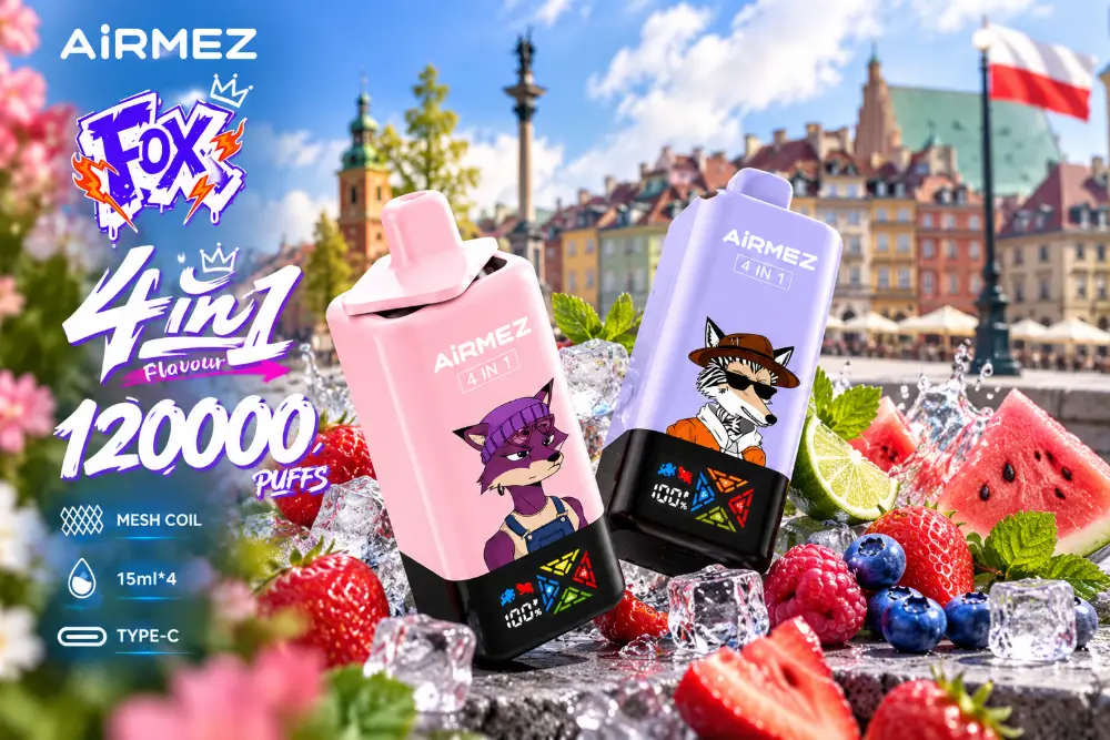 AIRMEZ Fox 4IN1 120000 jednorazowy e papieros z owocami i lodem na tle polskiego miasta AIRMEZ Fox 4IN1 120000 jednorazowy e papieros z owocami i lodem na tle polskiego miasta