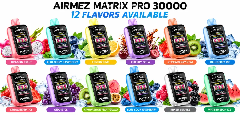 AIRMEZ Matrix Pro 30000 jednorazowy e papieros – 12 owocowych i lodowych smaków do wyboru AIRMEZ Matrix Pro 30000 jednorazowy e papieros – 12 owocowych i lodowych smaków do wyboru