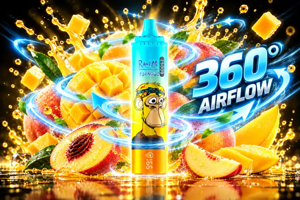 Airmez Tornado 25000 zaciągnięć jednorazowy e papieros grafika produktu format poziomy AIRMEZ TORNADO 25000 zaciągnięć jednorazowy e papieros przepływ powietrza 360 stopni brzoskwinia i mango na owocowym tle