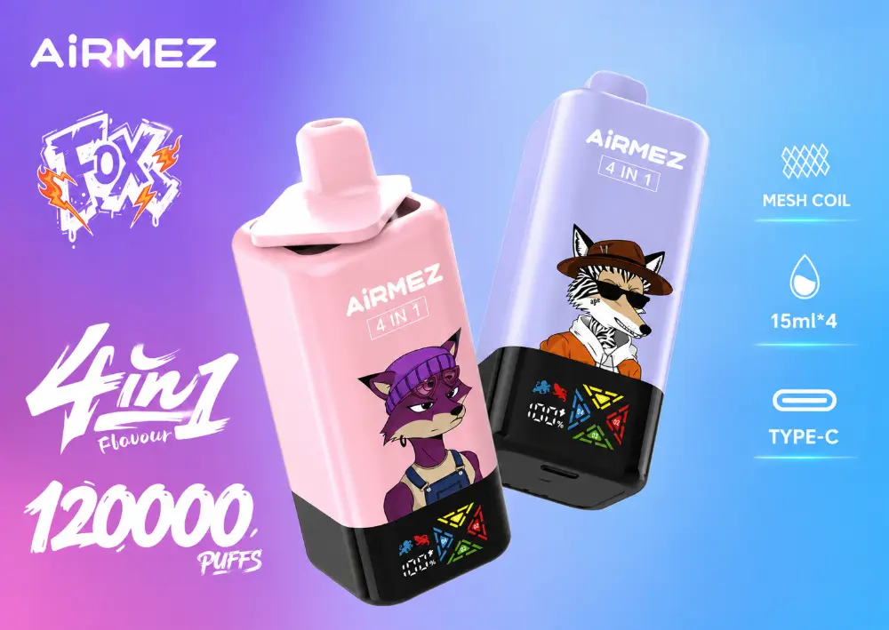 Airmez Fox 4in1 120000 zaciągnięć jednorazowy e papieros różowy i fioletowy produkt na pastelowym tle Airmez Fox 4in1 120000 zaciągnięć jednorazowy e papieros różowy i fioletowy produkt na pastelowym tle