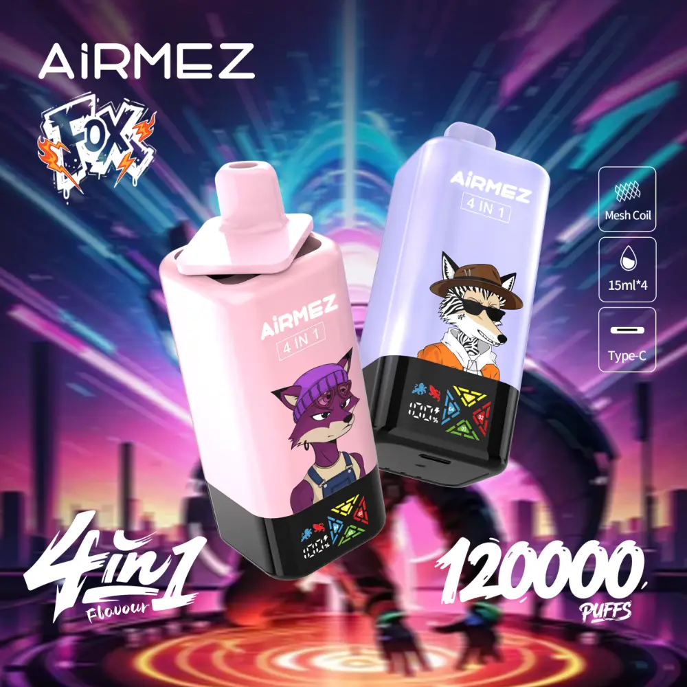 Airmez Fox 4in1 120000 zaciągnięć jednorazowy e papieros różowy i fioletowy produkt w neonowym mieście Airmez Fox 4in1 120000 zaciągnięć jednorazowy e papieros różowy i fioletowy produkt w neonowym mieście