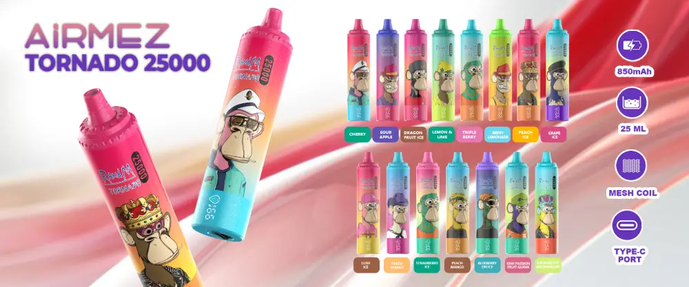 AIRMEZ TORNADO 25000 zaciągnięć jednorazowy e papieros złącze USB C i wyświetlacz Airmez Tornado 25000 zaciągnięć jednorazowy e papieros grafika produktu format poziomy