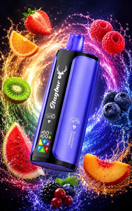 Fioletowe urządzenie stag bar vape ze świeżymi owocami i efektownym, kolorowym rozpryskiem wody, w intensywnie owocowym klimacie