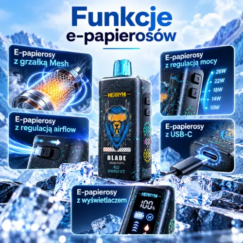 Funkcje e papierosow,grzalka Mesh,regulacja airflow,regulacja mocy,USB C,wyswietlaczem
