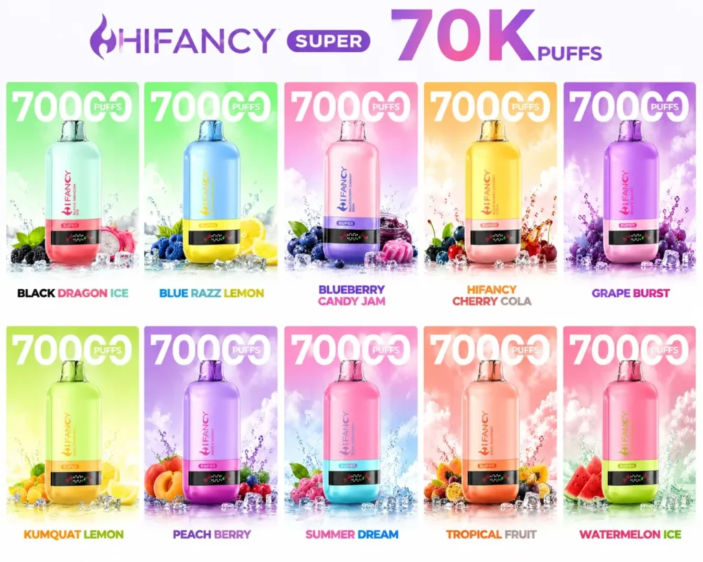 HIFANCY SUPER 70000 zaciągnięć jednorazowy e papieros katalog wariantów smakowych na białym tle HIFANCY SUPER 70000 zaciągnięć jednorazowy e papieros katalog wariantów smakowych na białym tle