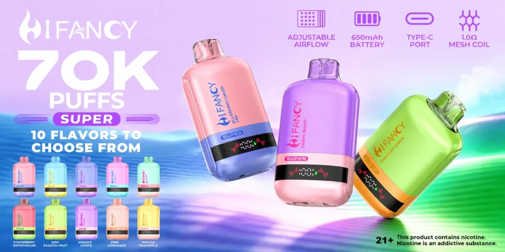 HIFANCY SUPER 70000 zaciągnięć jednorazowy e papieros trzy kolory z funkcjami na pastelowym tle HIFANCY SUPER 70000 zaciągnięć jednorazowy e papieros trzy kolory z funkcjami na pastelowym tle
