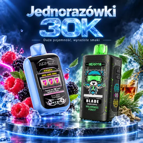 Jednorazówki 30K – AIRMEZ Blue Sour Raspberry i MERRYMI Blade Wilderness Forest na lodowym tle Jednorazówki 30K – AIRMEZ Blue Sour Raspberry i MERRYMI Blade Wilderness Forest na lodowym tle