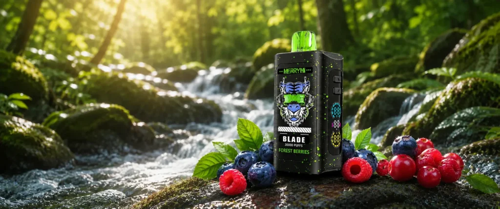 Merry Mi Blade 30000 Puffs Forest Berries ze świeżymi owocami leśnymi w słonecznej, leśnej scenerii nad strumieniem Merry Mi Blade 30000 Puffs Forest Berries ze świeżymi owocami leśnymi w słonecznej, leśnej scenerii nad strumieniem