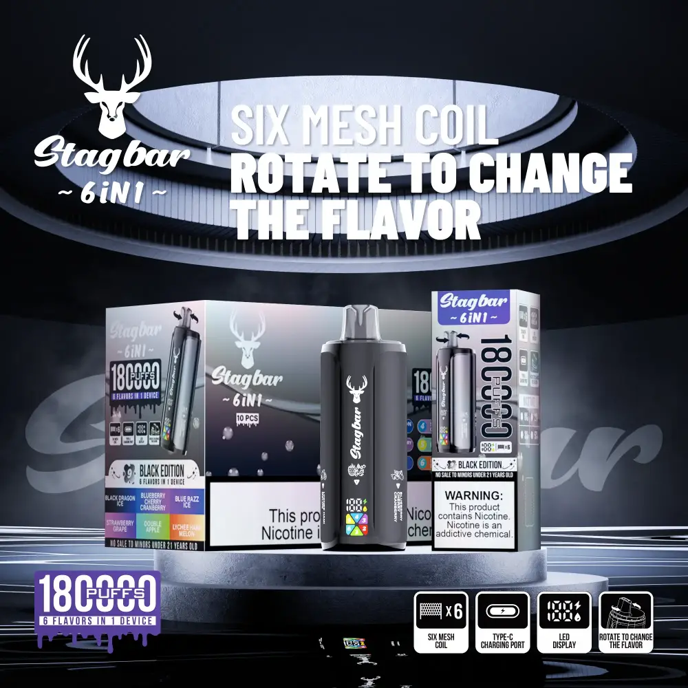 Stag Bar 6in1 180000 zaciągnięć jednorazowy e papieros czarny produkt z opakowaniem Stag Bar 6in1 180000 zaciągnięć jednorazowy e papieros czarny produkt z opakowaniem