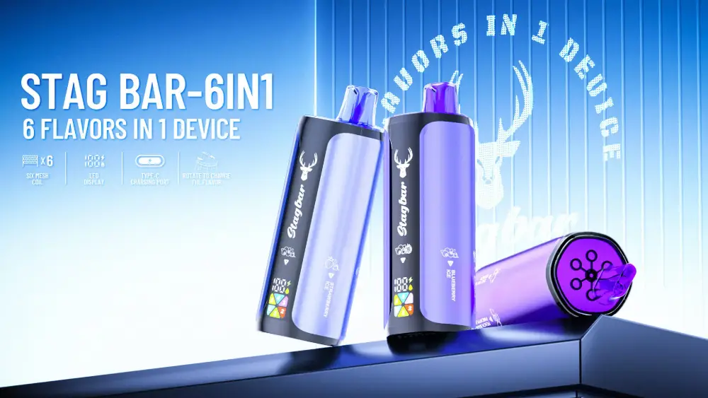 Stag Bar 6in1 180000 zaciągnięć jednorazowy e papieros fioletowe produkty na niebieskim tle Stag Bar 6in1 180000 zaciągnięć jednorazowy e papieros fioletowe produkty na niebieskim tle