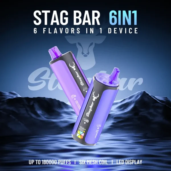 Stag Bar 6in1 180000 zaciągnięć jednorazowy e papieros fioletowe produkty na tle gór