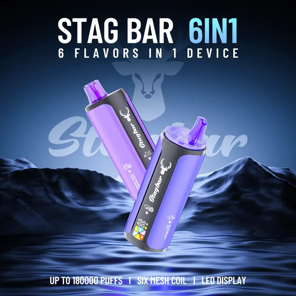 Stag Bar 6in1 180000 zaciągnięć jednorazowy e papieros fioletowe produkty na tle gór Stag Bar 6in1 180000 zaciągnięć jednorazowy e papieros fioletowe produkty na tle gór