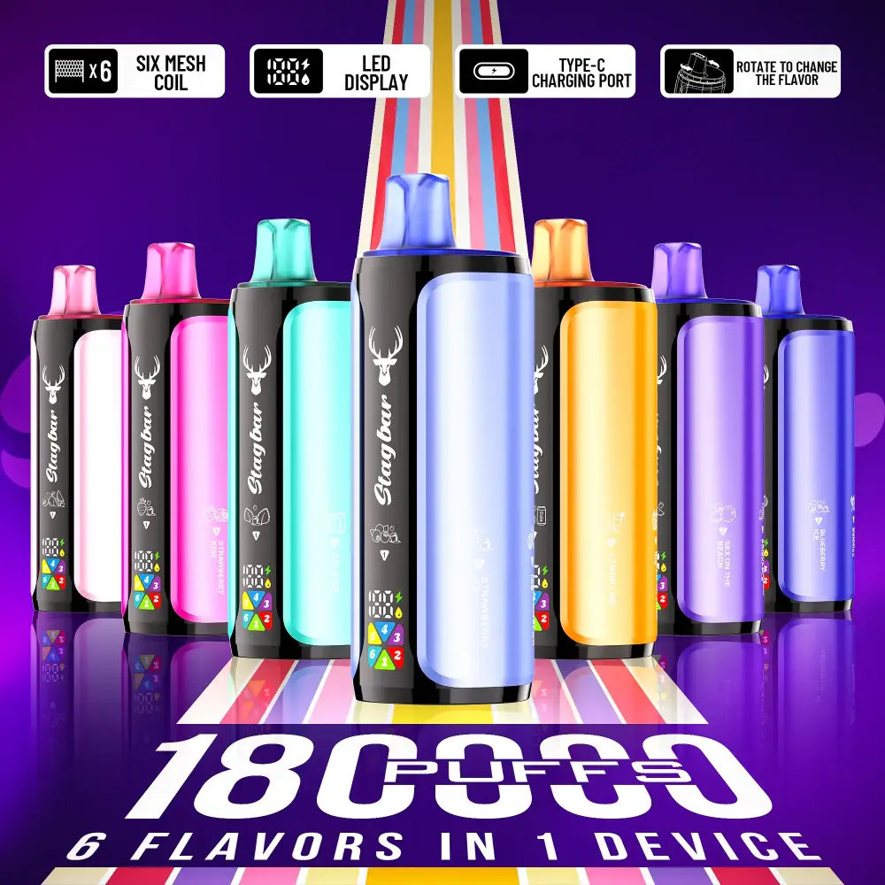 Stag Bar 6in1 180000 zaciągnięć jednorazowy e papieros kolekcja produktów na fioletowej planszy Stag Bar 6in1 180000 zaciągnięć jednorazowy e papieros kolekcja produktów na fioletowej planszy