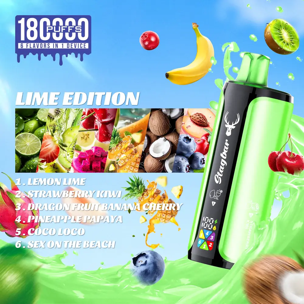Stag Bar 6in1 180000 zaciągnięć jednorazowy e papieros kolekcja smaków format kwadratowy kompozycja produktowa