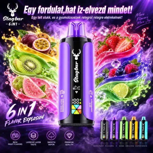 Stag Bar 6in1 180000 zaciągnięć jednorazowy e papieros owocowa sceneria z fioletowym produktem Stag Bar 6in1 180000 zaciągnięć jednorazowy e papieros owocowa sceneria z fioletowym produktem
