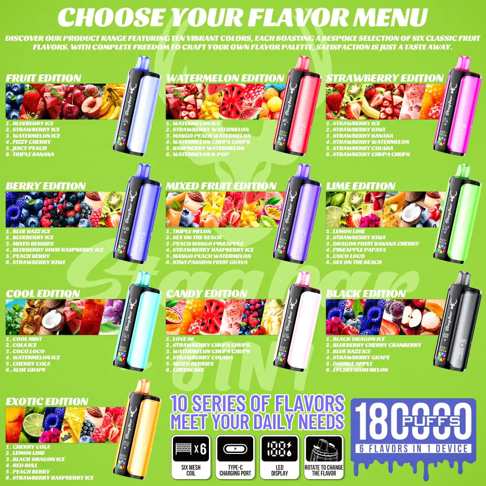 Stag Bar 6in1 180000 zaciągnięć jednorazowy e papieros zielona plansza z menu smaków Stag Bar 6in1 180000 zaciągnięć jednorazowy e papieros zielona plansza z menu smaków