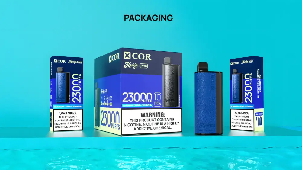Xcor Hawaii Pro 23000 zaciągnięć jednorazowy e papieros pudełka produktu na tle turkusowej grafiki